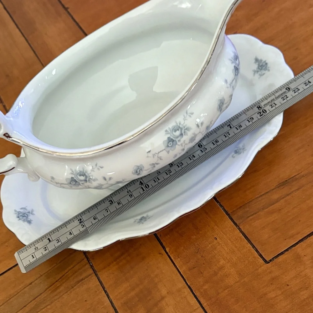 John Haviland Gravy Boat Attached Underplate Blue Garland Bavaria Backstamp - Picture 8 of 9